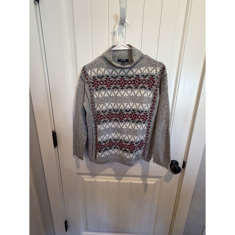 Chaps Women’s S Fair Isle Mock Neck Sweater Gray Red Nordic Cotton Blend